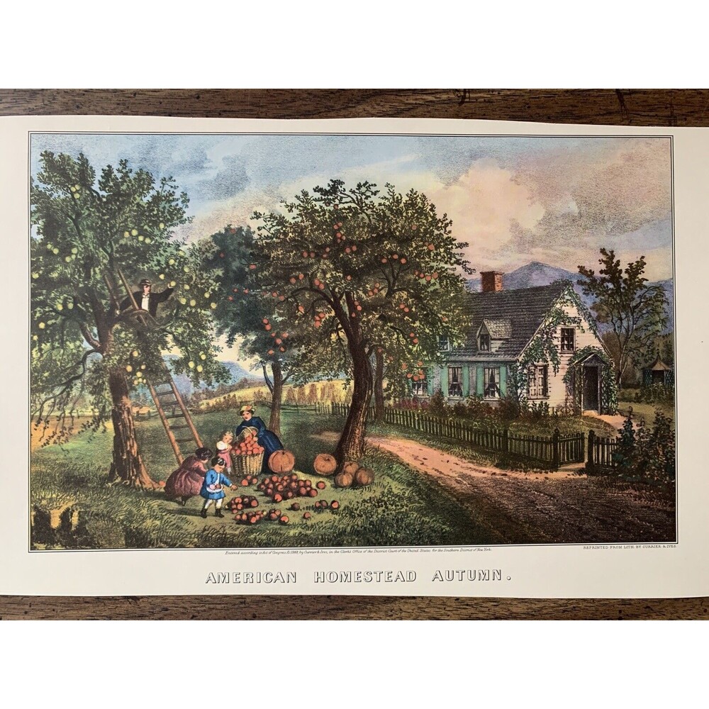 Currier & Ives "American Homestead Autumn" Calendar Print Apple Pumpkin Haystack